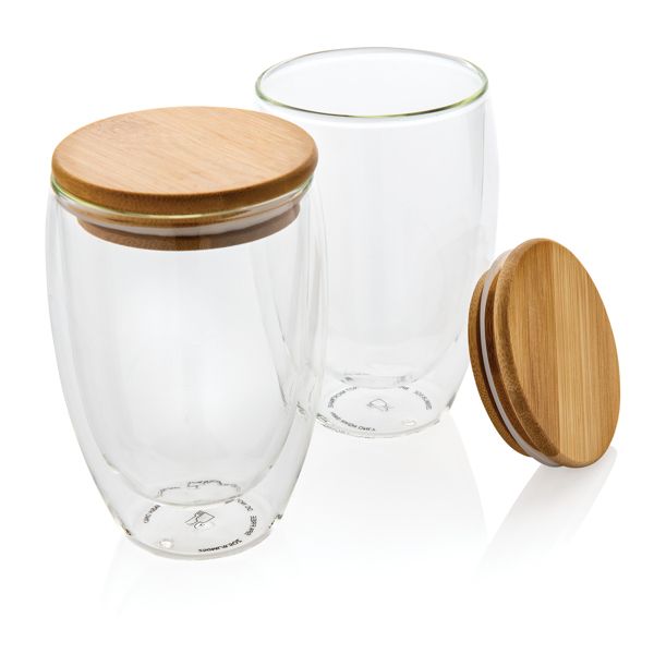 Set de 2 Verres double paroi 350ml avec couvercle en bambou Set de 2 Verres double paroi 350ml avec couvercle en bambou